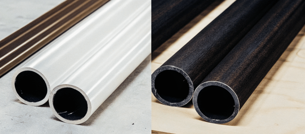 An image contrasting a complex, smooth architectural extrusion made from 6063 with a robust, machined mechanical part made from 6061.